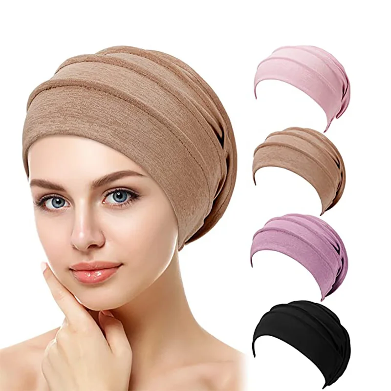 Gorro de quimio Slouch de algodón para mujer, gorro de Color sólido, Hijabs internos, envolturas para la cabeza musulmanas, turbante elástico para la cabeza