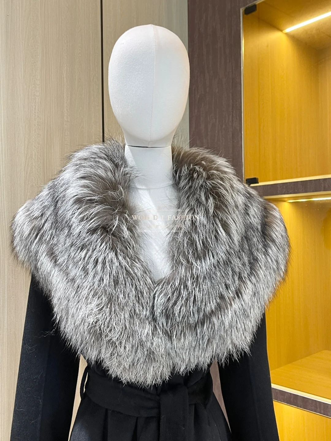 

Black Fox Fur Long Sleeve Long Style Double-faced Wool Coat Jacket Tops