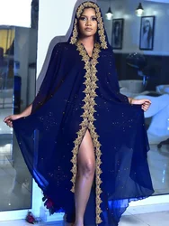 2024 New Hot V-neck Bat Sleeve Diamond Nail Bead Embroidered Lace Elegant Muslim Dress Loose Large Women's Robe with Hat