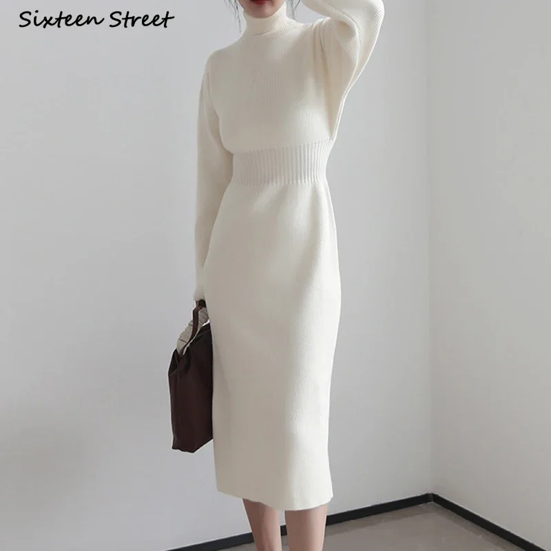 White Elegant Woolen Dress Ladies Autumn Winter Turtleneck High Waist Chic Party Knitted Dress Women Vestido Fall Knitwear