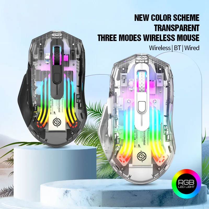 

NEW 3 Modes Bluetooth 2.4G Wireless Transparent Mouse RGB Gaming Mouse 1200-3600DPI Rechargeable Mute Mouse For Laptop PC
