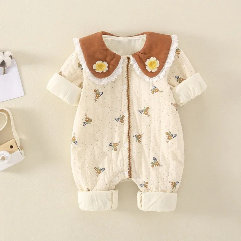 2024 Autumn Baby Clothes Add Silk Wadding Infant Girls Rompers Cute Toddler Floral Dot Doll Collar Warm Princess Jumpsuit