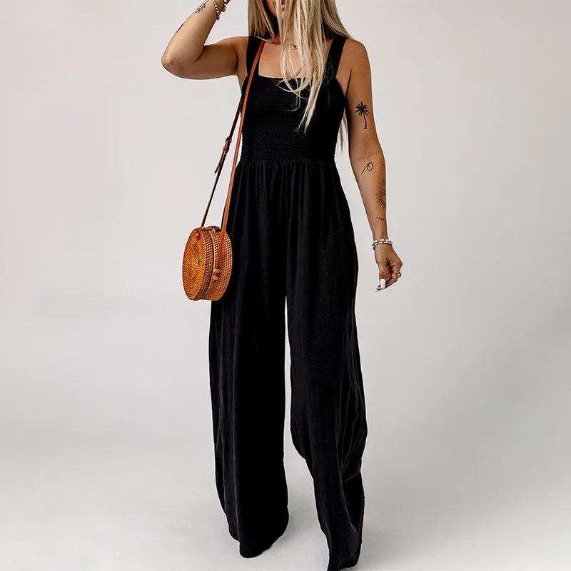 

One Piece Women Jumpsuits Solid Sling Sleeveless Overalls Tight High Waist Wide Leg Long Pants Rompers Splice Office Ladies