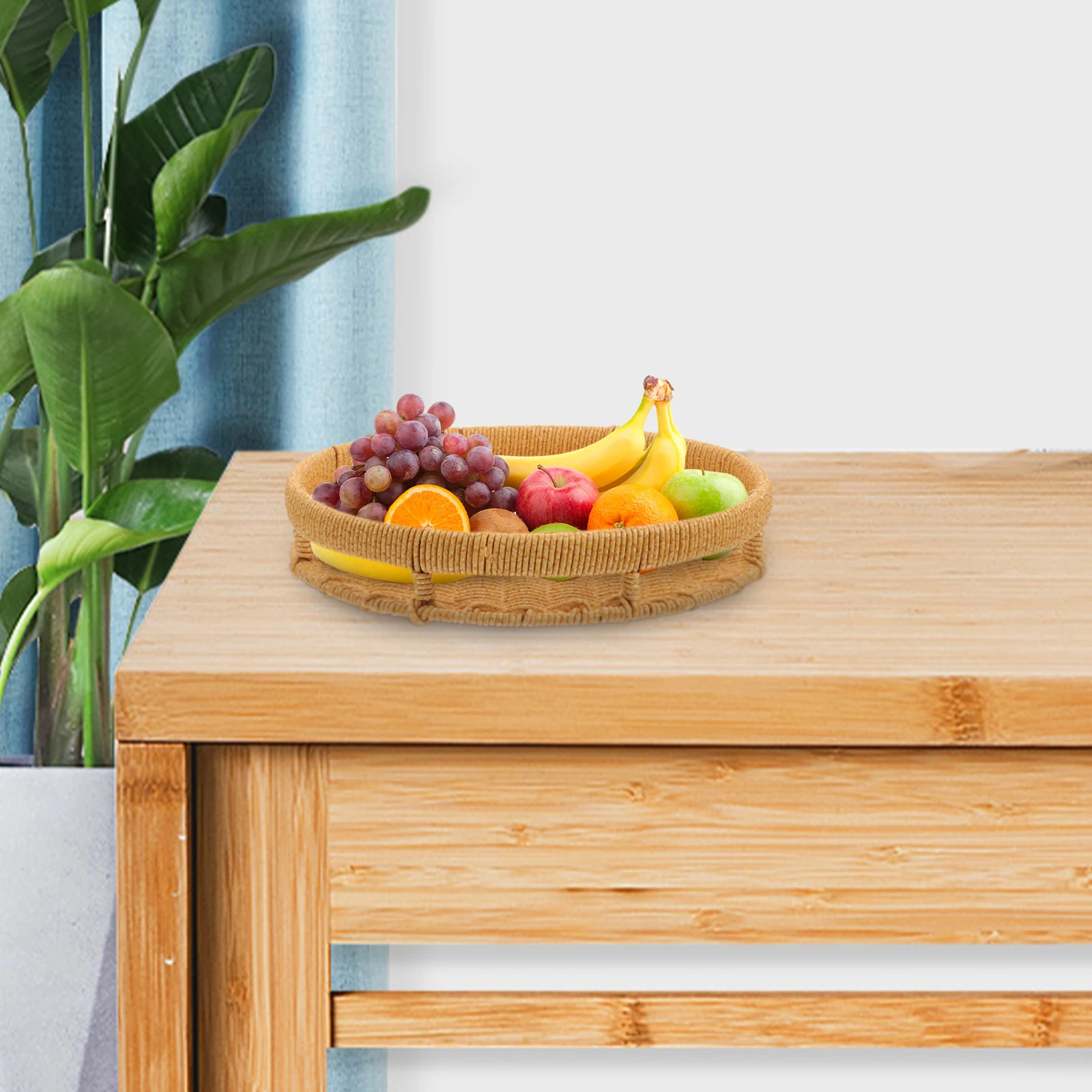 

Round Small Woven Tray Basket PP H woven Storage Desk Bread Serving Fruit Holder Lightweight Home Camping Picnic Christmas Party
