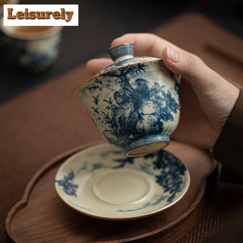 150ml Antique Ru Kiln Porcelain Gaiwan Aesthetic Flower And Bird Ink Sancai Tea Tureen Tea Making Cover Bowl Tea Set Collection