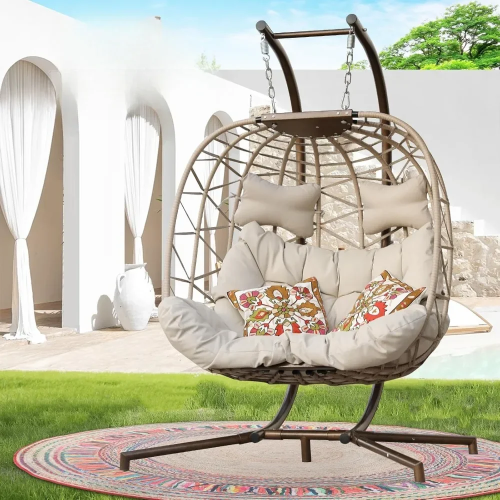 Silla de huevo columpio doble con soporte para 2 personas, interior, exterior, mimbre, Patio, gemelos, cesta colgante con cojines Beige