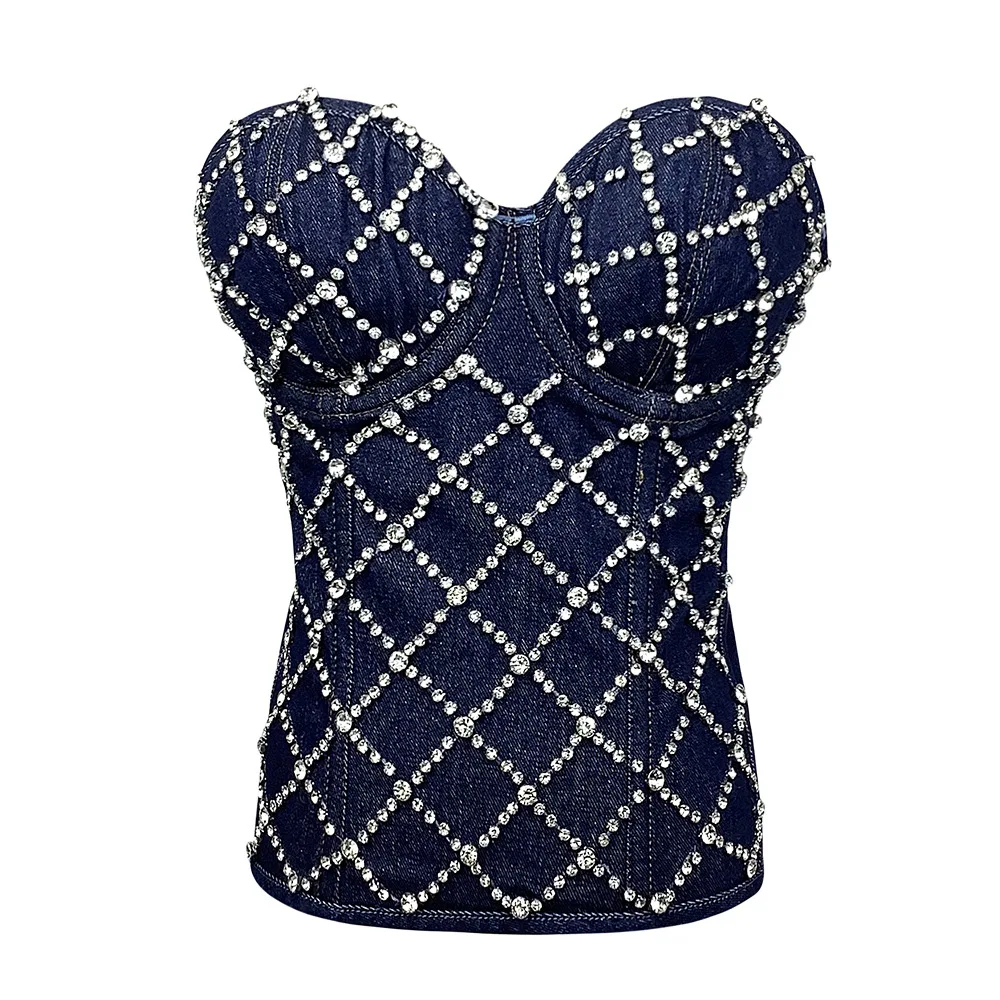 Diamond Embellished Slim Fit Zipper Denim Cotton Vest Belted Shaping Performance Vintage Style Top for Women