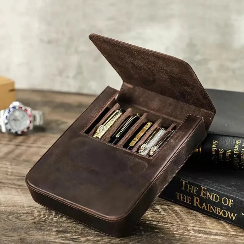 CONTACT'S FAMILY Handmade Fountain Pen Case Leather For Men Women Holder Pen Pouch Retro Pen Box Organizer Boys Girls School