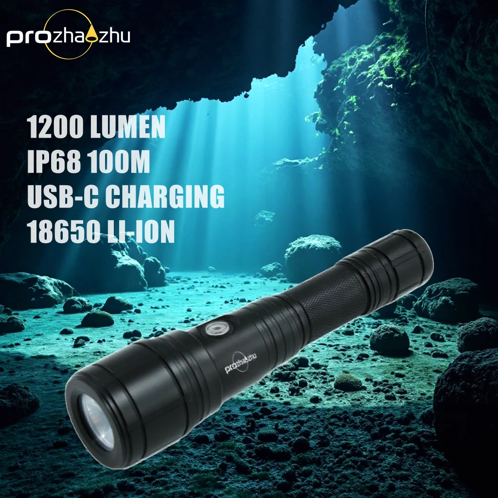 Focus Zoom Diving Flashlight 1600 Lumen Aluminum Alloy IP68 100M Underwater 18650 USB-C Charging Scuba Diving Light