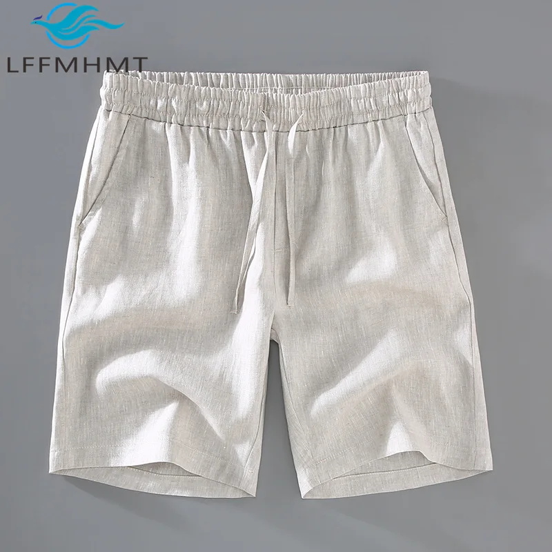 

100% Linen Good Quality Summer Fashion Men Casual Shorts Japan Style Elastic Waist Solid Color Simple Basic Versatile Half Pants