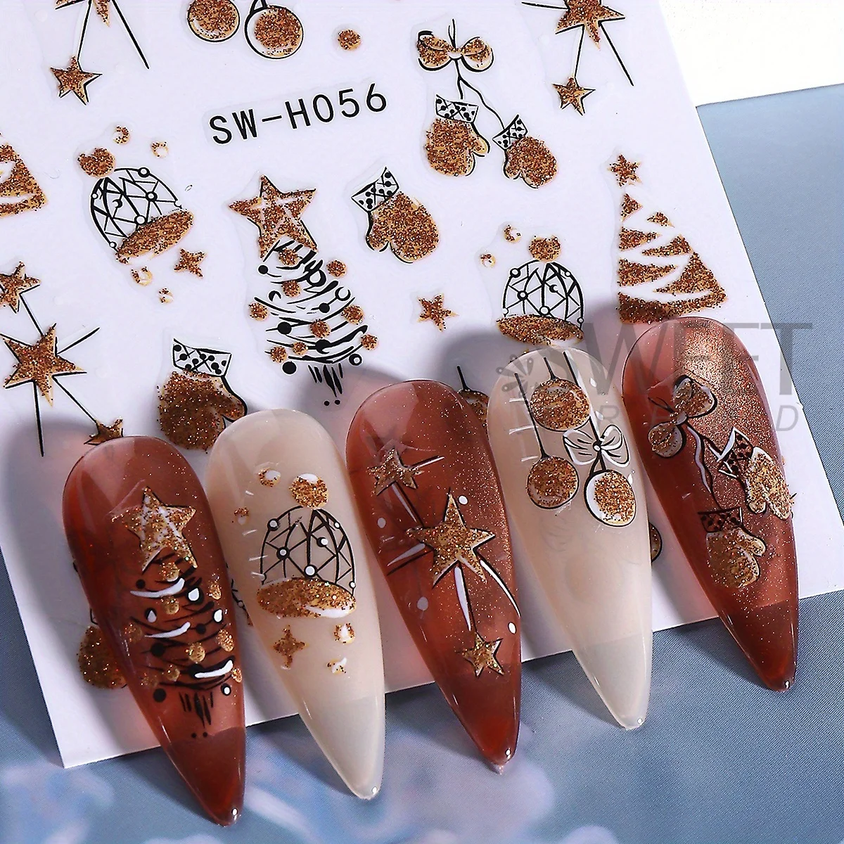 2개입 화려한 반짝이는 크리스마스 네일 아트 스티커 홀로그램 골드 글리터 크리스마스 트리 엘크 시계 디자인 새해 매니큐어 데칼