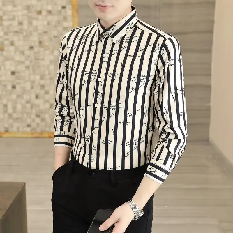 

Business Casual Men's Summer 2024 New Spliced Square Collar Button Stripe Printing Slim Fashion Minimalist Long Sleeved Shirts