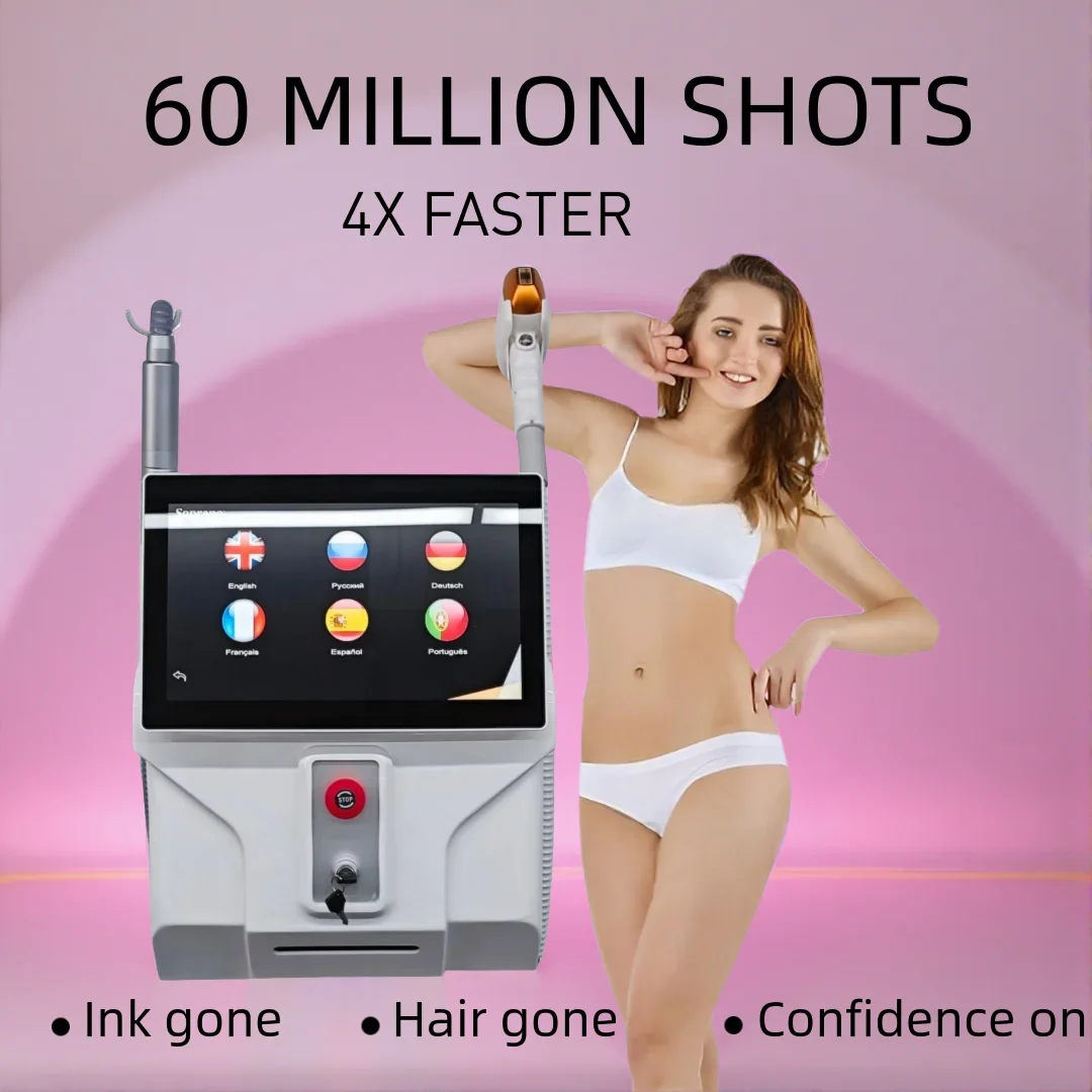Portable 808nm Hair Removal Tattoo Removal High Speed Permanent Epilator Painless No Gel Ice Cooling Technology Handheld Hair Re