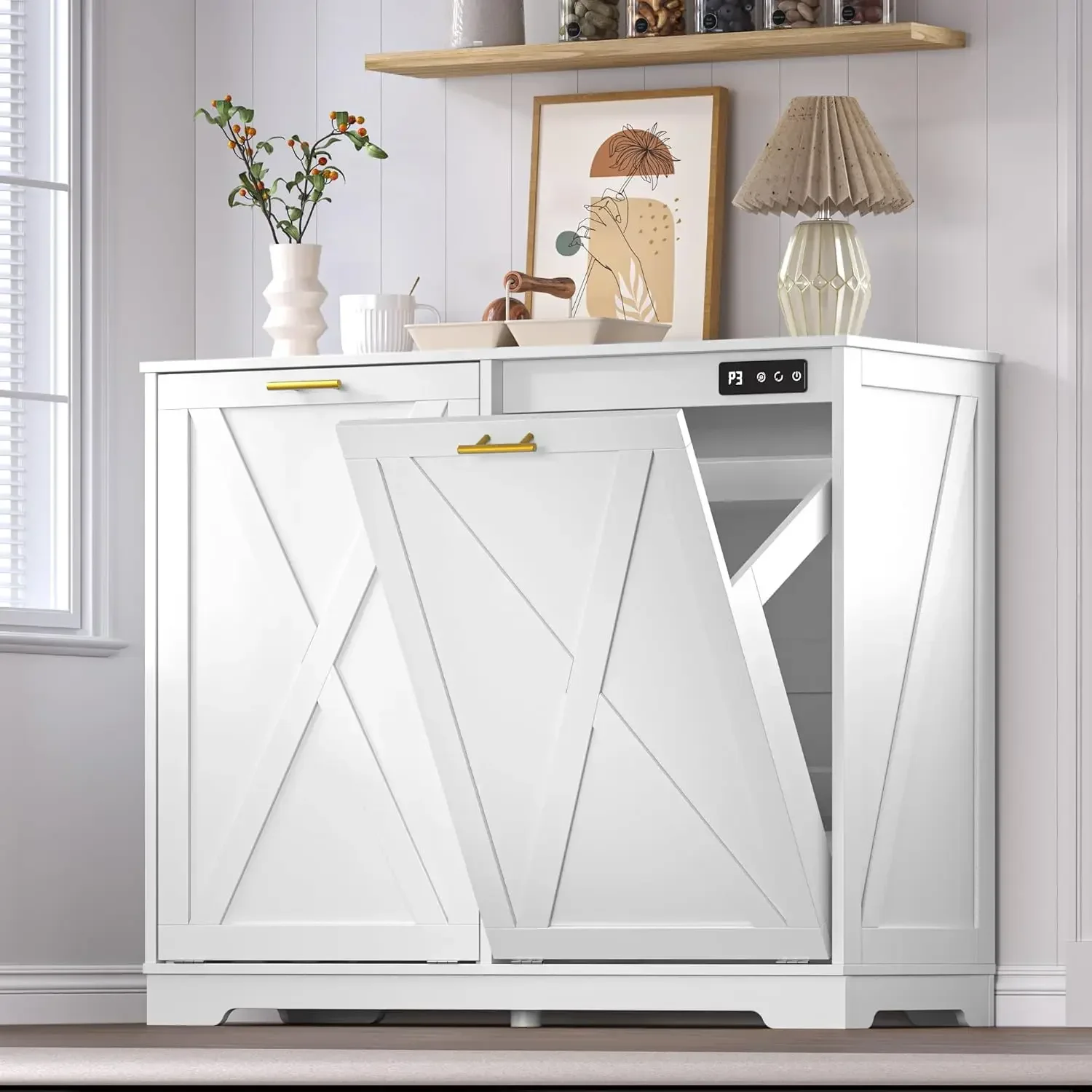 Tilt Out Trash Can Cabinet for 2 Bins, Hidden Recycle Garbage Bin Enclosure, Wooden Double Laundry Cabinet with Odor Control,