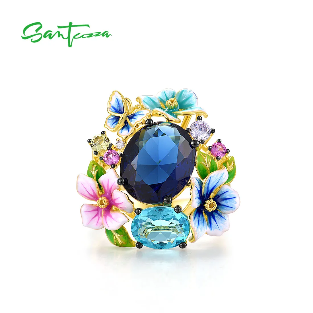 SANTUZZA Authentic 925 Sterling Silver Rings For Women Colorful Enamel Flower Blue Stone Ring Gorgeous Fashion Fine Jewelry