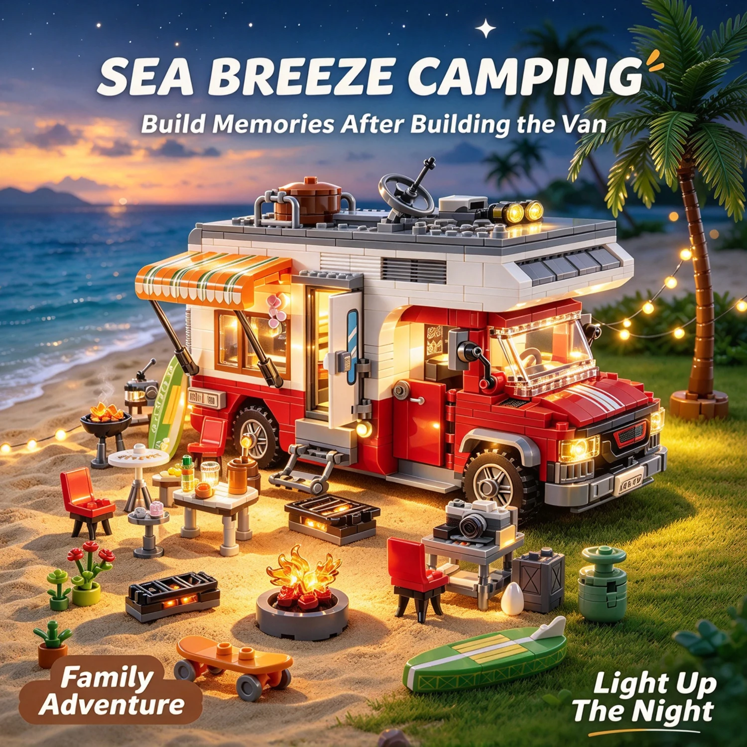 924piece Camper Van Building Blocks Set Assembly Puzzle Bricks Model with LED Light Desktop Home Decor Toys for Kids Boys Gifts