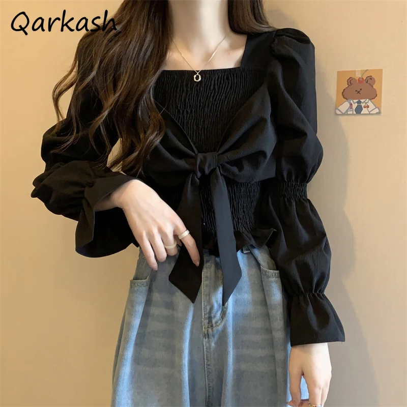 Crop Black Blouses Women Long Sleeve Square Collar Pullover Bow Design Temperament Elegant French Style Streetwear Trendy Daily