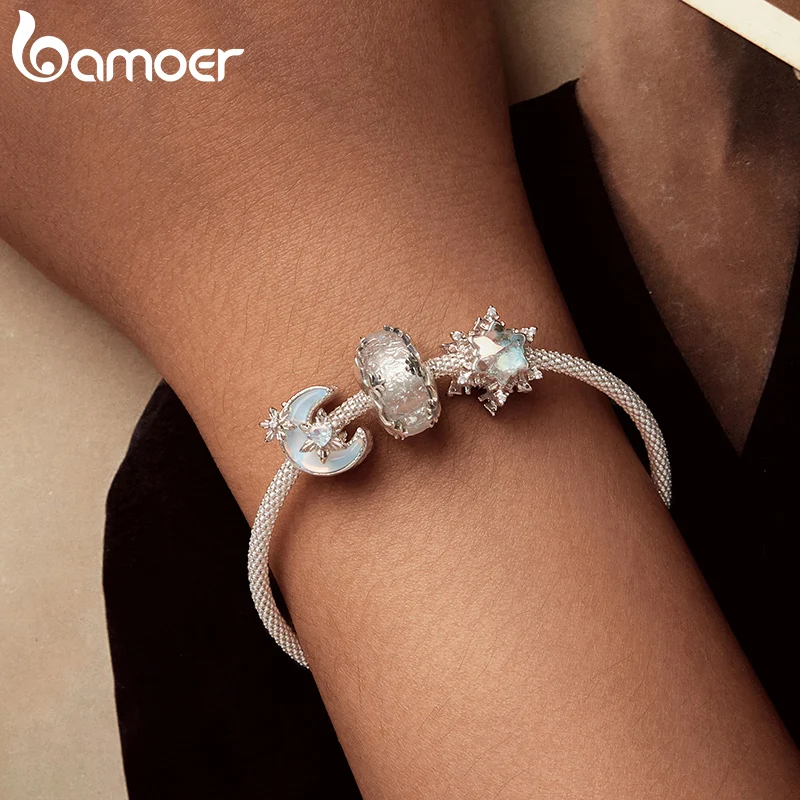 Bamoer Original 925 Sterling Silver Snow Moon Charm Ice Crystal Pendant Pearl Snowman Winter for Women DIY Fine Jewelry Gifts - Image 2