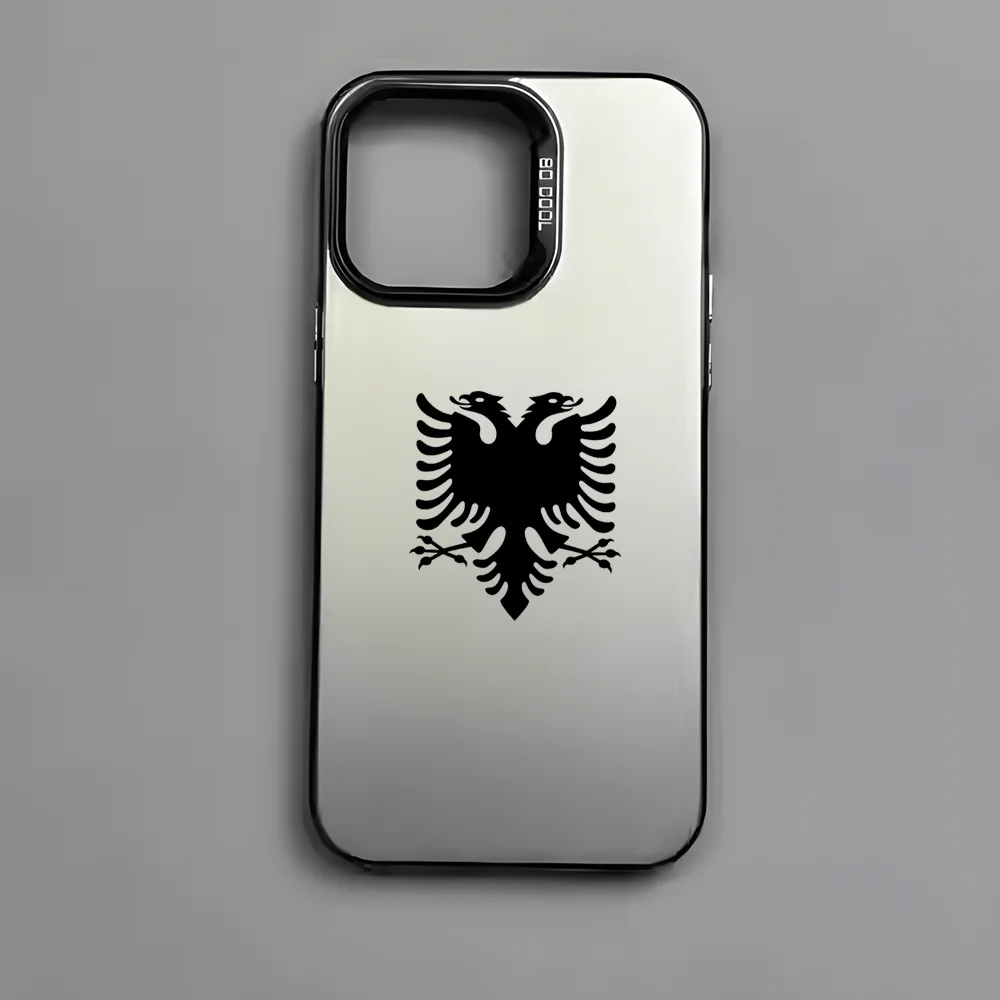 حافظة هاتف بخريطة العلم الألباني لهاتف آيفون 16 15 14 13 12 11 برو ماكس أسود غير لامع متعدد الألوان ليزر معدني أورورا فوندا #4