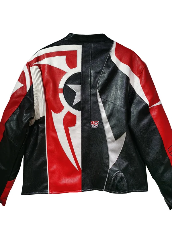 

Американская кожаная куртка-косуха в стиле пэчворк с цветовыми блоками для мужчин и женщин, крутой гоночный костюм, осенне-зимняя куртка из искусственной кожи, топ