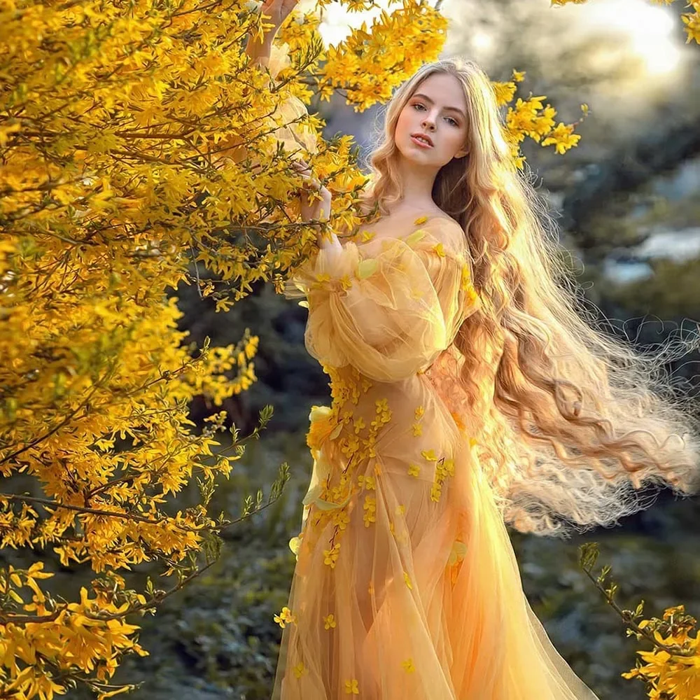 노란색 댄스 파티 드레스 3D 꽃 꽃 파티 가운 패션 v 넥 긴 소매 인쇄 하이 사이드 미사 사진 촬영 이브닝 드레스