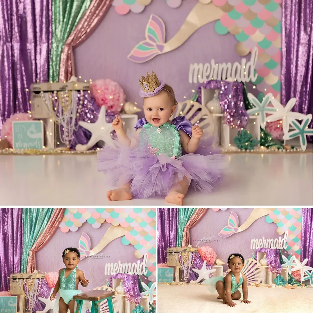 

Under The Sea Fantasy World Purple Mermaid Photography Backdrop Girl Princess Birthday Cake Smash Background Photo Studio Props