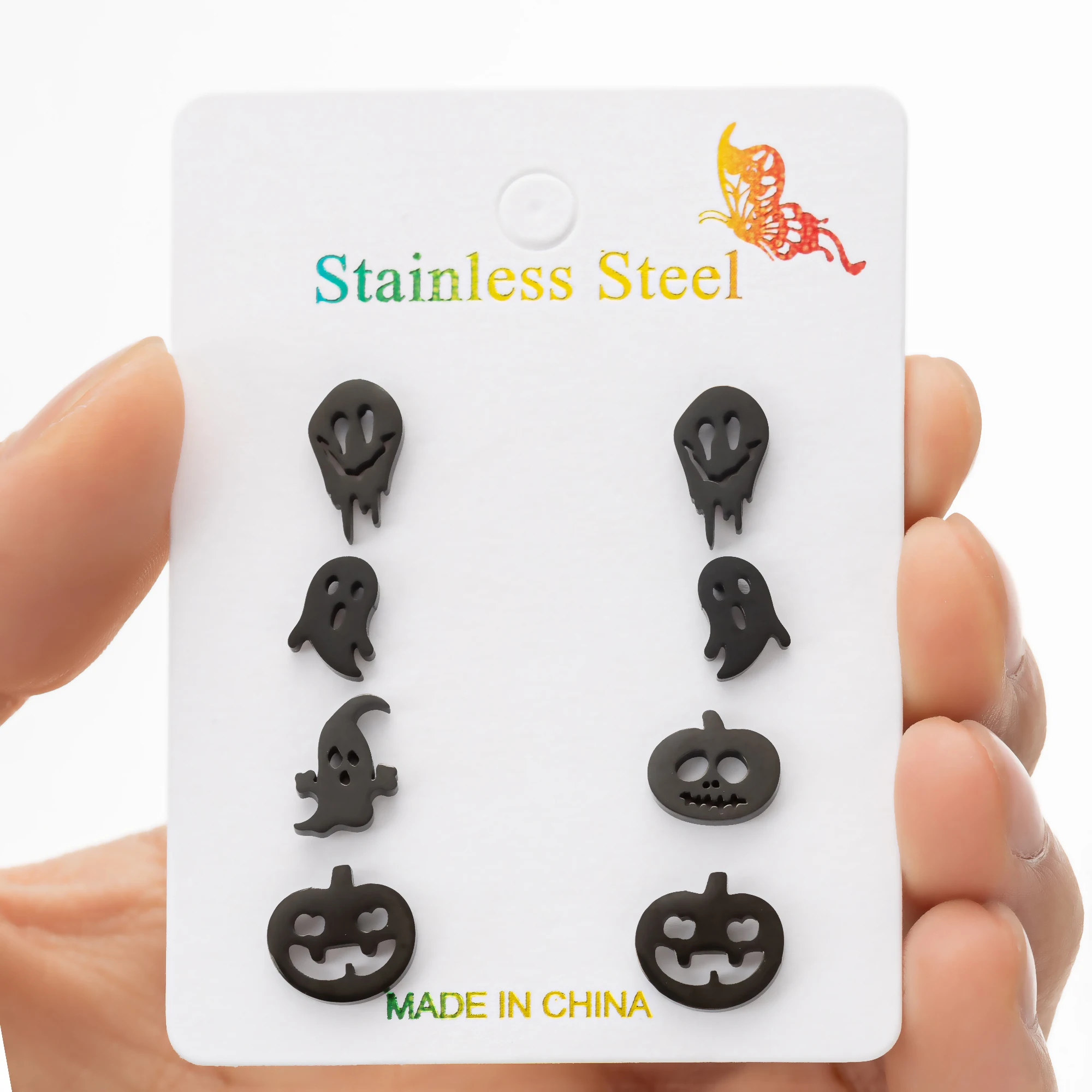 4Pair/Lot Pumpkin Ghost Minimalist Stud Earrings For Women Men Black Stainless Steel Earring Jewelry Halloween Gifts Trend 2024