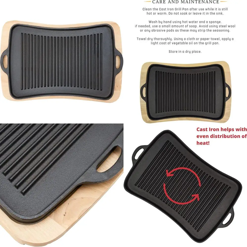 

Large Pre-Seasoned Cast Iron Fajita Pan with Wooden Trivet for BBQ and Camping, Black, JB0206