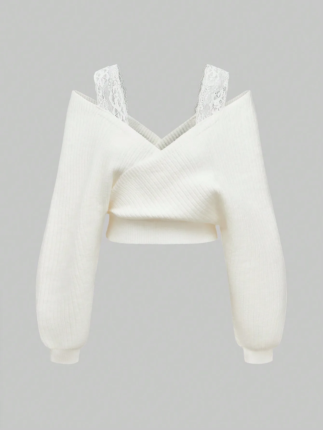 

White Lace Strap Deep V Neck Cropped Pullover Sweater with Ribbed Knit & Balloon Sleeves