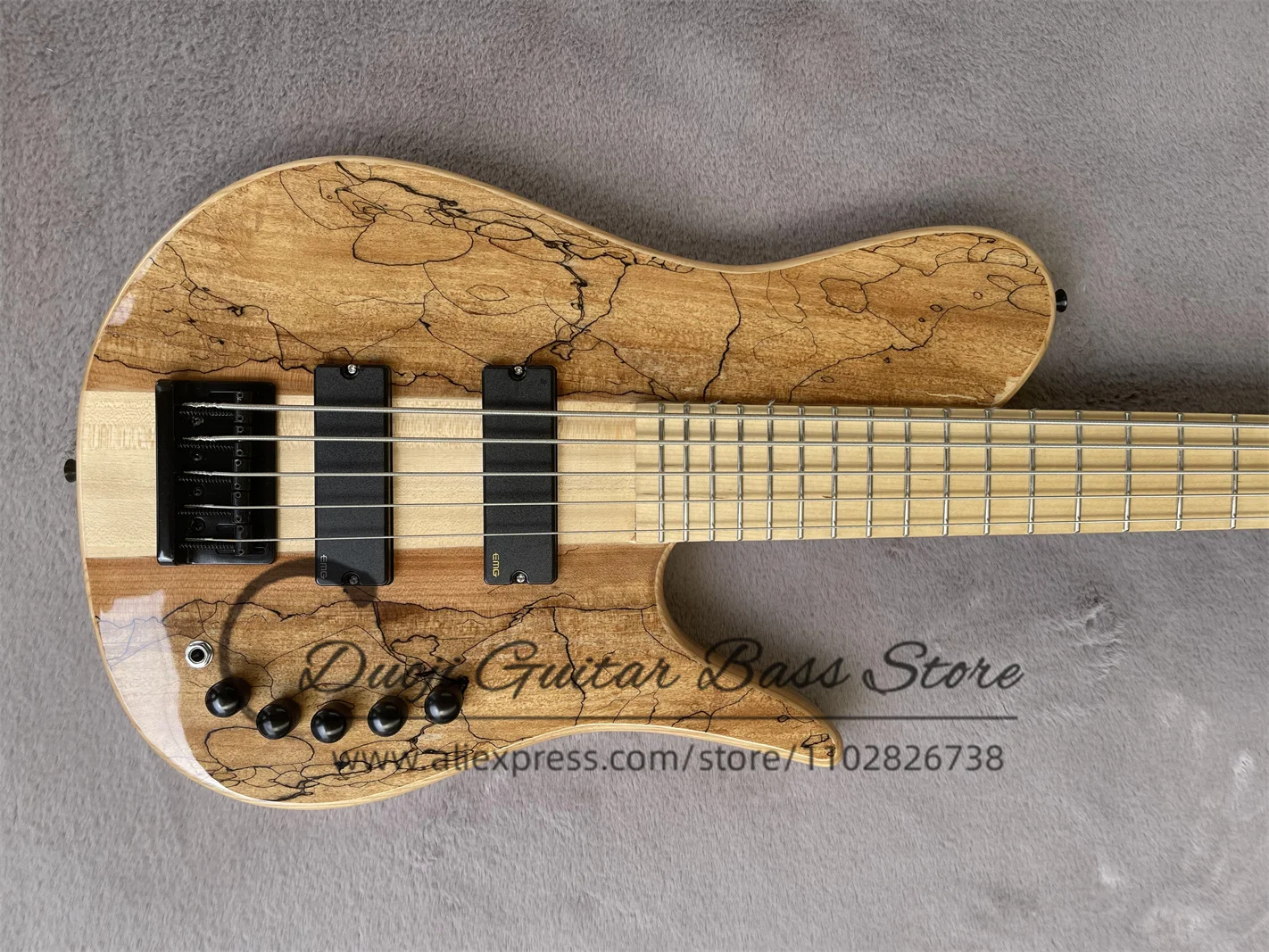 5 String Bass Guitar Ash wood body Spalted Maple Top Maple Neck Active Battery Black Bridge Fod Bass