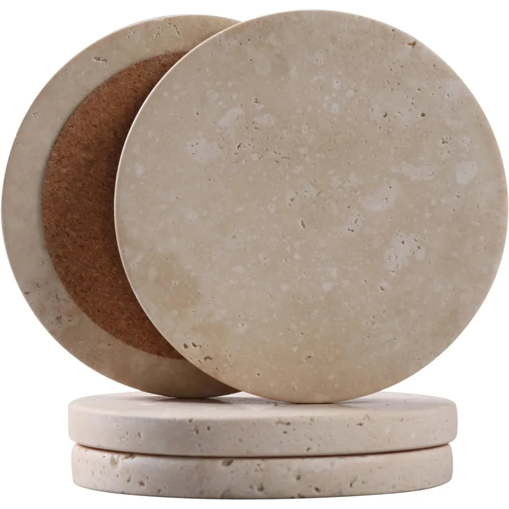 

-Travertine-Stone-Coasters Set of 4-Round -4" Diameter Drink Coasters for Housewarming Gift, Desktop Protection Suitable for Var