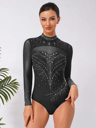 Imagen 2 del producto Mono de patinaje artístico de manga larga para mujer, traje de actuación de gimnasia artística para baile de Ballet, leotardo con diamantes de imitación y cuello alto simulado