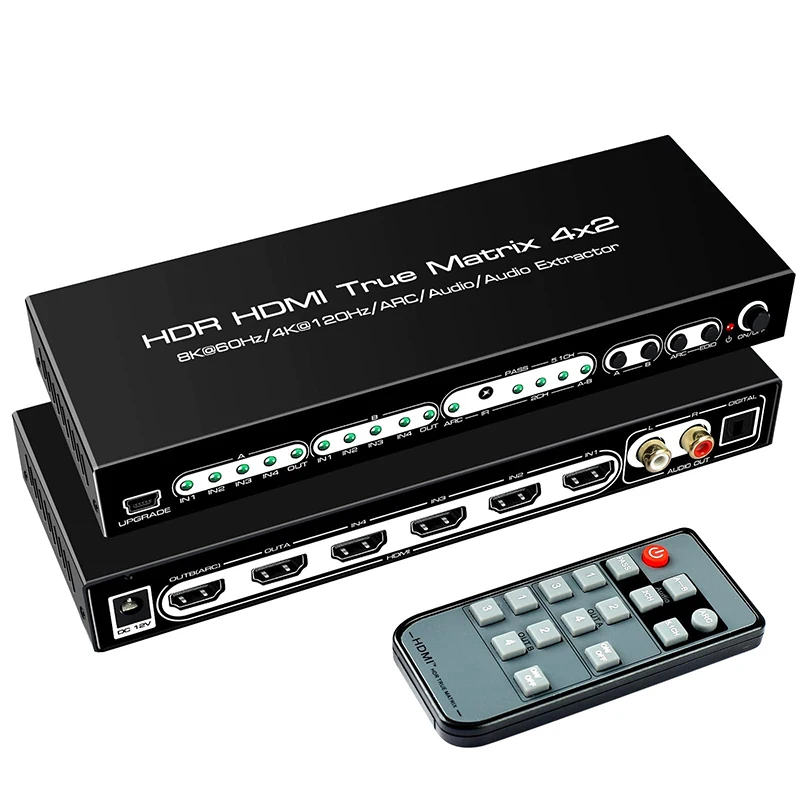 8K HDMI Matrix 4 in 2 Out, HDMI 2.1 Matrix HDMI Video Switcher Splitter +Optical & L/R Audio Output,Support 4K@120Hz