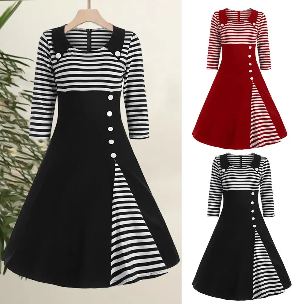 

Breasted Decoration Dress Women 50s Dress Vintage-inspired Striped Midi Dresses with A-line Silhouette Three Quarter for Fall