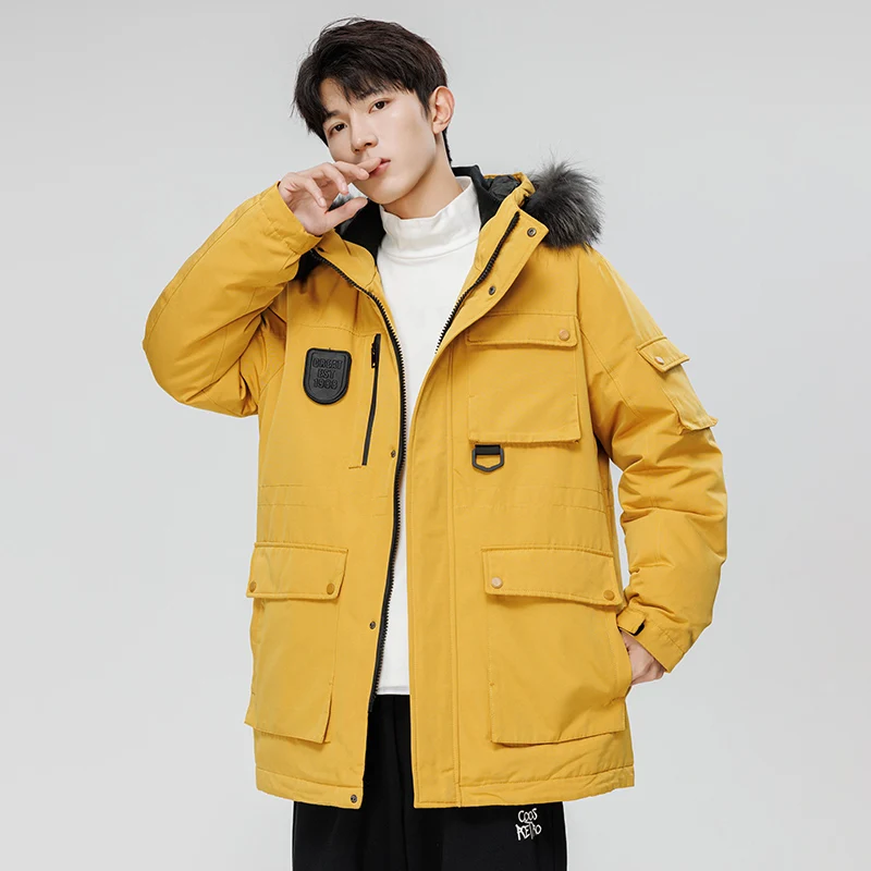 

Fashion Brand Thickened Hooded Fur Collar Warm Jacket Casual Snow Mid-length Cold-proof Coat for Men Winter Fleece Parkas Men's