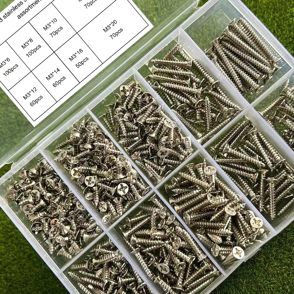 400-piece stainless steel M3 self-tapping screw kit, wood locking screw set, suitable for fastening wood and metal.