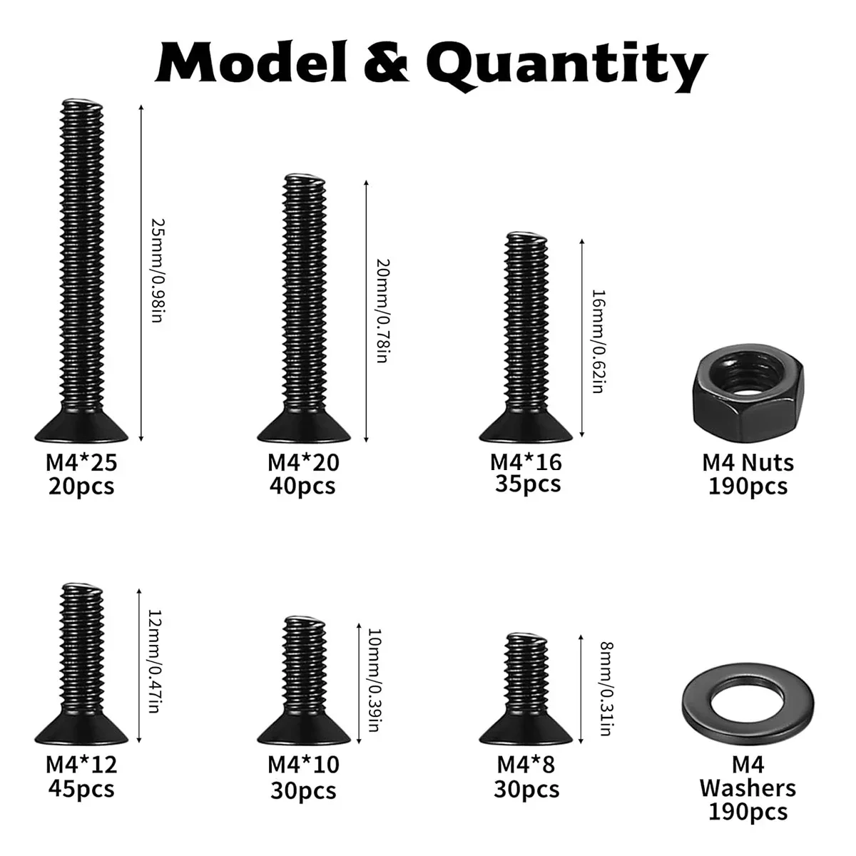 580Pcs M4x8/10/12/16/20/25mm Black Cross Flat Head Carbon Steel Screw and Nut and Washers Set
