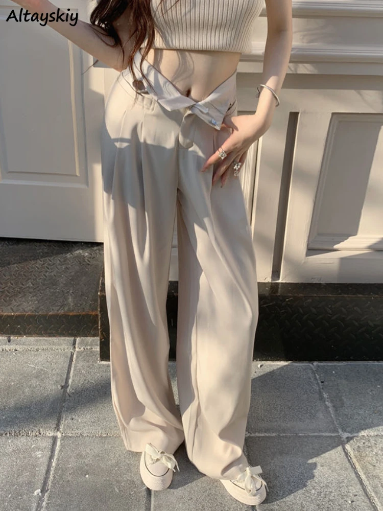 

Casual Pants Solid Pleated All-match Autumn Creativity Charming Korean Style Vintage Delicate Basics Simple Prevalent Comfort