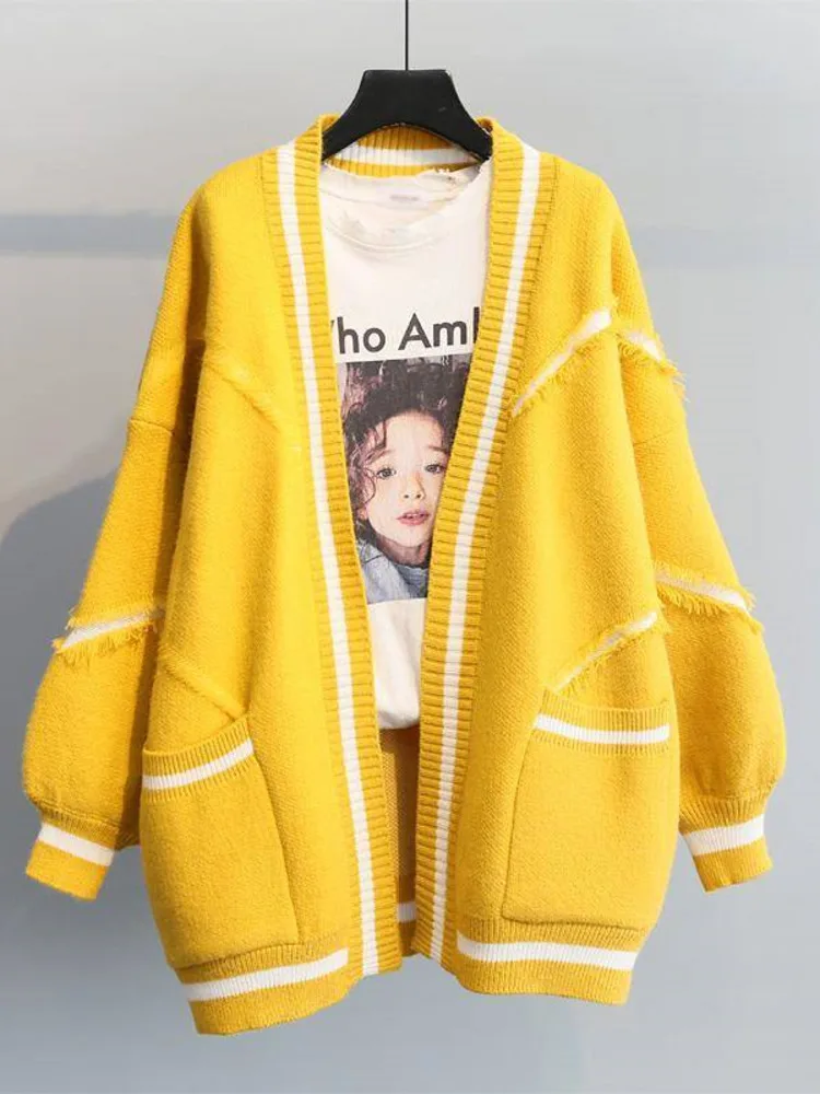 2022 Cardigan Sweater Autumn Winter V-neck Letter Loose Warm Knitted Sweater Korean Big Pocket Hole Stitching Sweaters