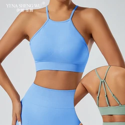 Women Shockproof Gathered Fitness Push Up Female Underwear Crop Top Run Gym Workout Bralette Sports Bra Fixed Cups Top Yoga Vest