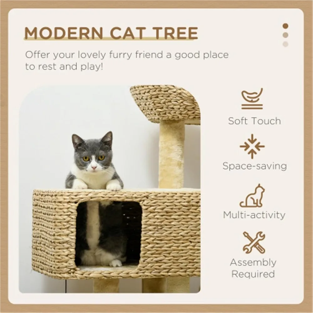 indoor cat tree with scratching posts, ramps, condo, toy balls, platforms, and bed in beige