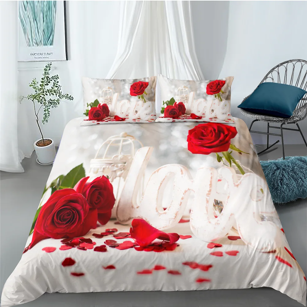 Red Rose King Queen Duvet Cover Valentine's Day Wedding Couple Flower Bedding Set 2/3Pcs Love Heart Floral Polyester Quilt Cover