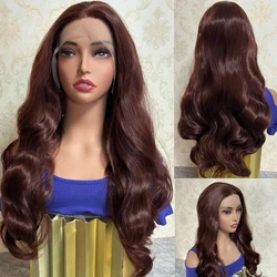 Natural Reddish Brown Lace Front Wigs Synthetic Chocolate Brown Body Wave Wig Red Wine Color Lace Frontal Wig Pre Plucked Wig