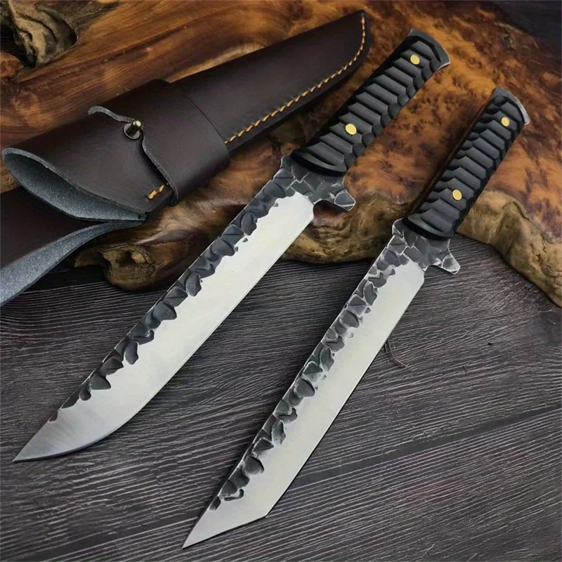 With Sheath Men's Gift Fixed Blade Knife Forged Steel Satin Flat Blade Ebony Premium Grip Hand Multifunctional Straight Knife