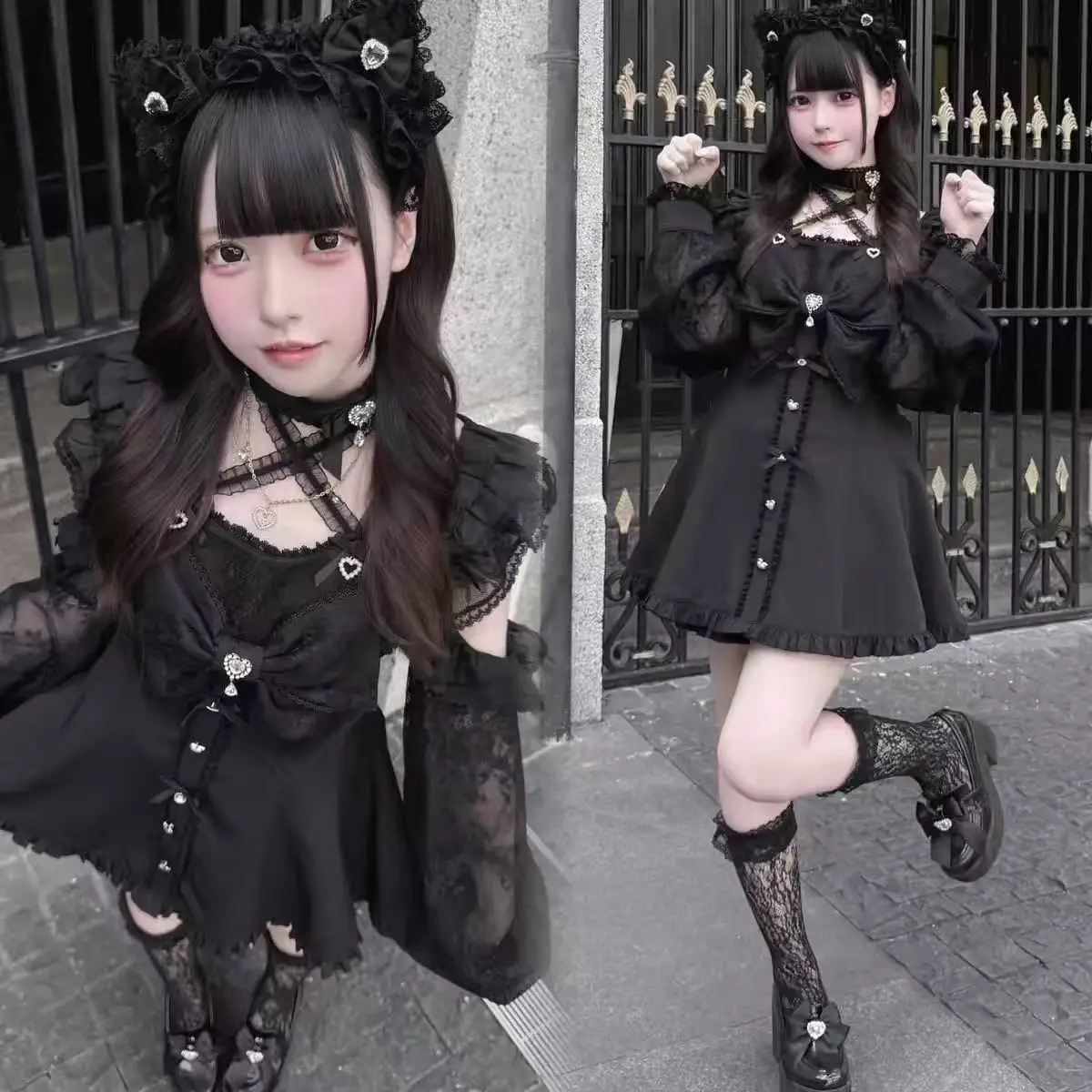 Y2K College Style Ladies Dark Lolita Suit Sweet Cool Gothic Hollow Big Bow Long Sleeve Dress Ruffle Shorts for Everyday Cosplay