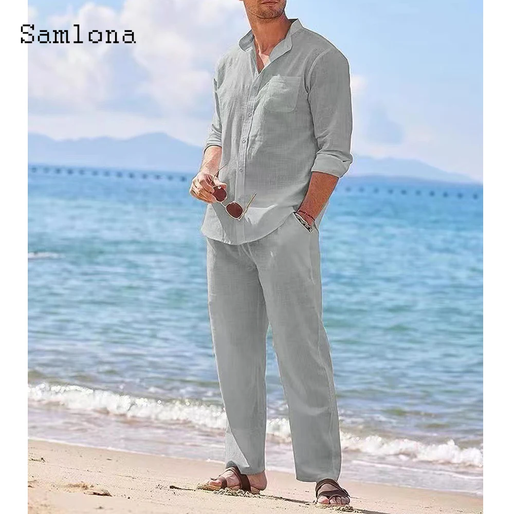 Ensemble deux pièces en lin pour hommes, grande taille, décontracté, Style européen, Vintage, haut basique et pantalon solide, survêtement de plage, 2023