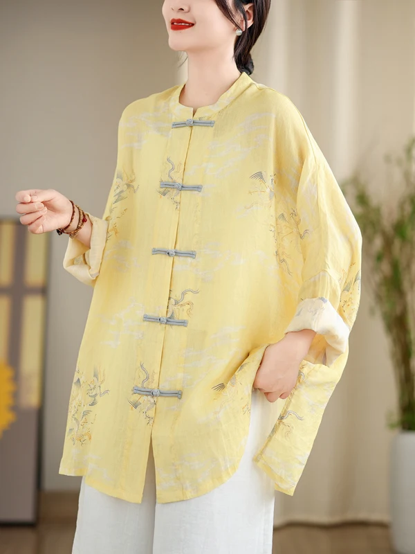 

Women's Printed Flax Shirt Button Front Sleeveless Long Printed Flax Women's Shirt Summer New Style Commute Loose Fit Shirt