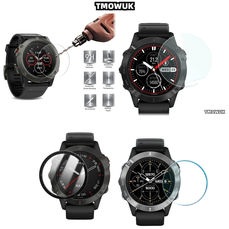 

For Garmin Fenix 6 6S 6X Pro Silver Tempered Glass Screen Protector Smart Watch HD Anti-Scratch 9H Hardness Ultra -Thin Guard