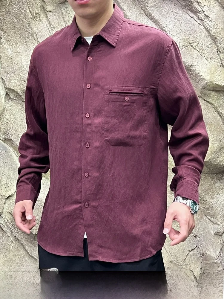 

Italian Luxury Men's Long Sleeve Shirt Lenzing Lyocell Blend Skin-friendly Breathable Casual Style Standard Fit Pure Color