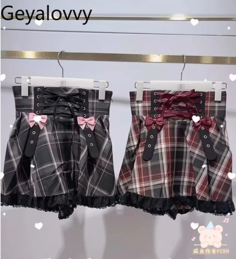 

SC Autumn New Plaid Uniform Bottom Japanese Short Skirt Harajuku Style Sweet Girl Girls Versatile Lace Trim Mini Skirts